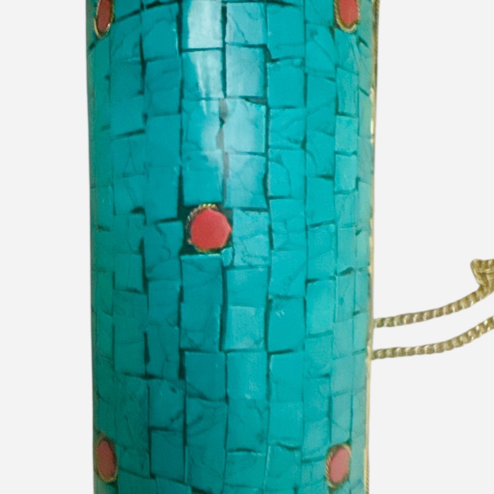 Antik Kraft Turquoise Mosaic Cylinder Clutch Boho Statement Bag Purse Gold Chain - Picture 4 of 5